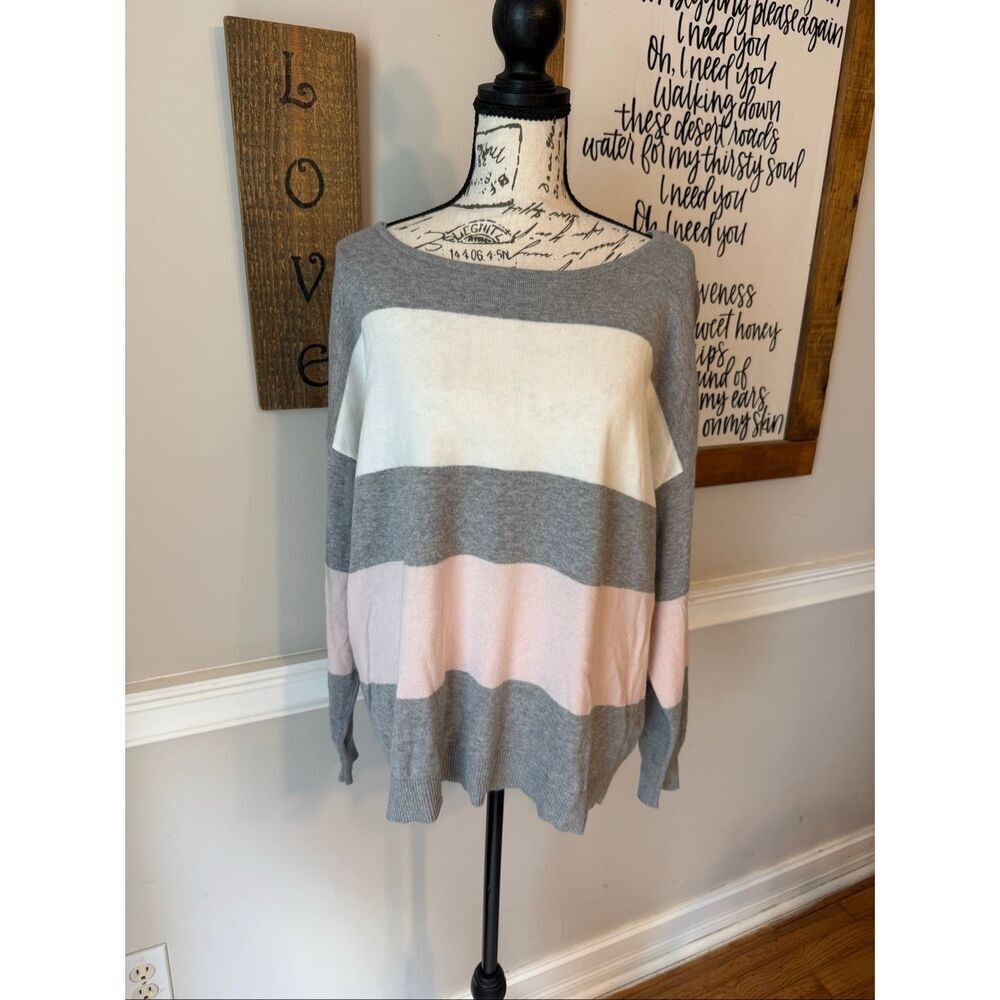 Vince Camuto Women’s Colorblock Knit Pullover Sweater Gray Cream Pink Large